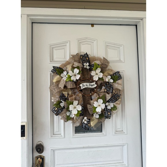 He is Risen Cross Religious Easter Dogwood Flowers Deco Mesh & Ribbon Wreath - Picture 9 of 9